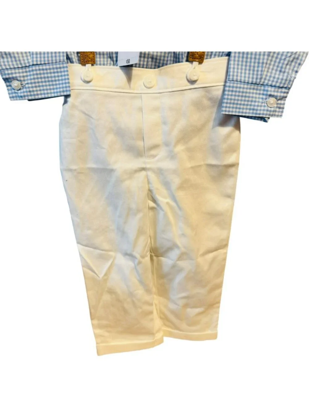 IZOD Baby Boys Blue Checkered Shirt White Pants Bow Tie & Suspenders 4-Piece Out